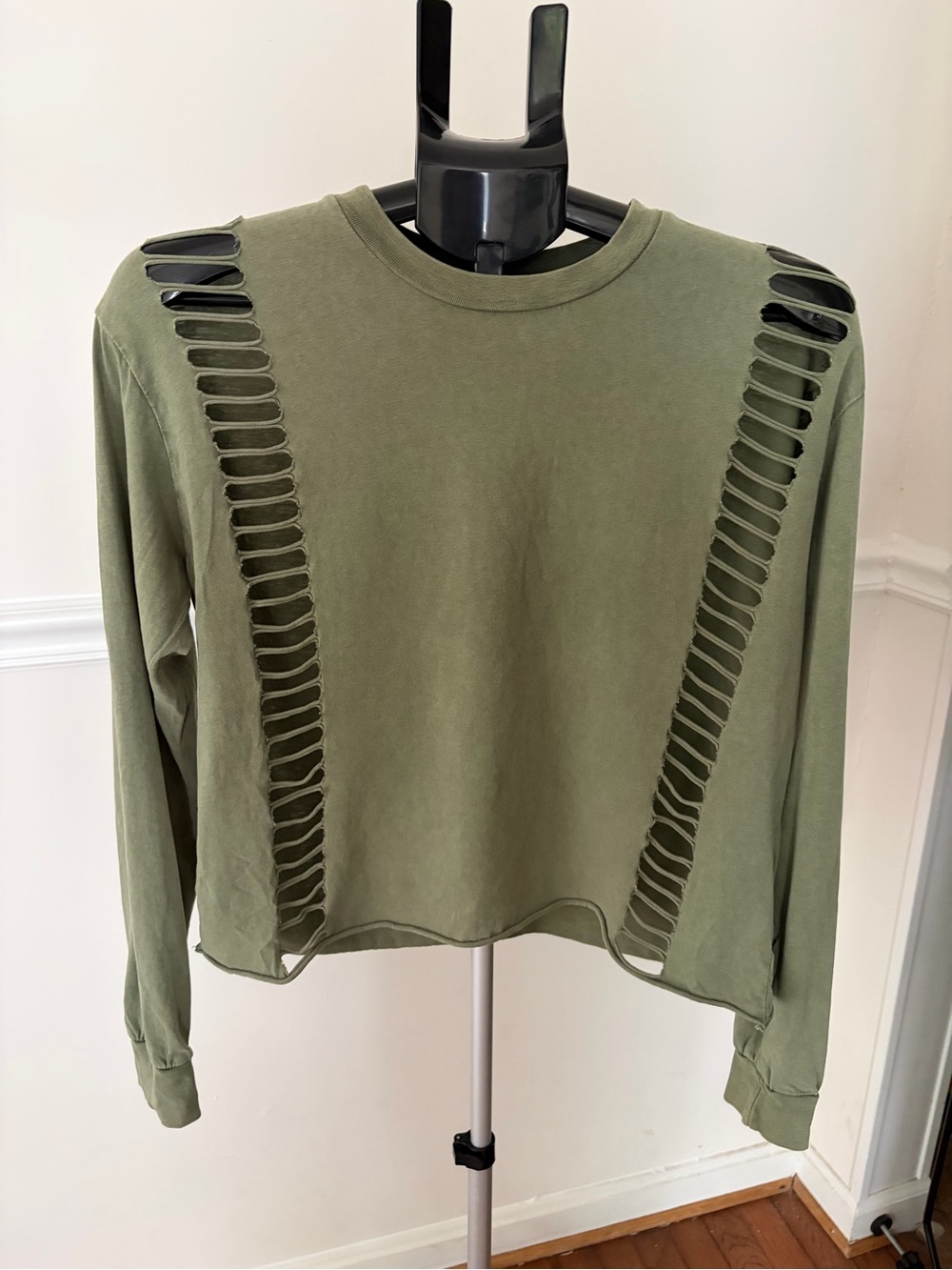 Women's Olive Green Distressed Long Sleeve Tee